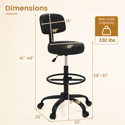 Office Drafting Chair with Back & Adjustable Footring and Wheels for Desk-Black W2B