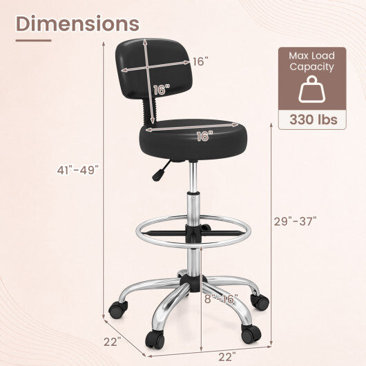 Office Drafting Chair with Back & Adjustable Footring and Wheels for Desk-Black W2B