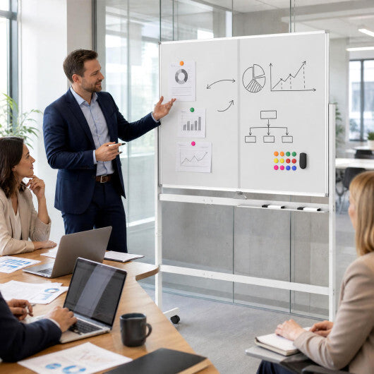 48" x 36" Double-Sided Mobile White Board with Lockable Universal Wheels for Office-White W2B