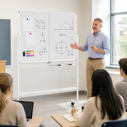 48" x 36" Double-Sided Mobile White Board with Lockable Universal Wheels for Office-White W2B