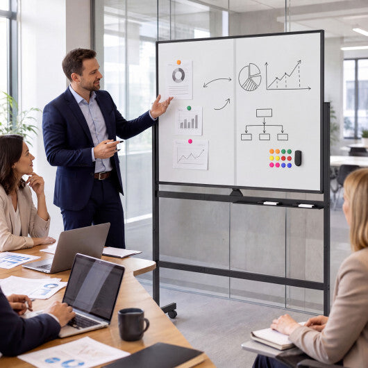 48" x 36" Double-Sided Mobile White Board with Lockable Universal Wheels for Office-White W2B
