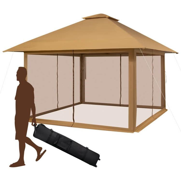 Brown 13 x 13 Ft Pop-Up Gazebo Outdoor Canopy w/ Mesh Mosquito Netting Sidewalls FastFurnishings