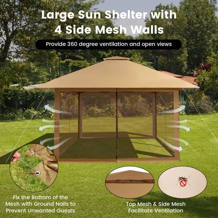 Brown 13 x 13 Ft Pop-Up Gazebo Outdoor Canopy w/ Mesh Mosquito Netting Sidewalls FastFurnishings