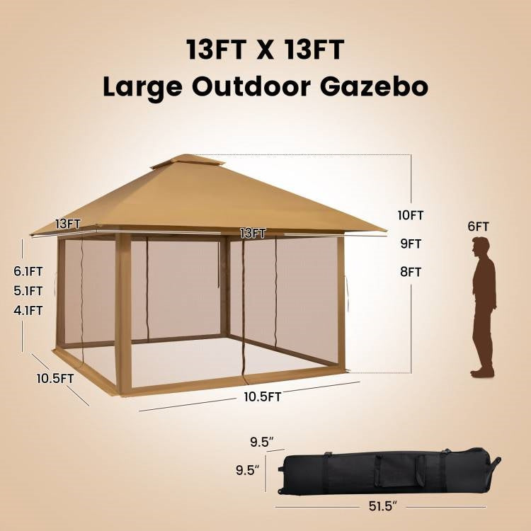 Brown 13 x 13 Ft Pop-Up Gazebo Outdoor Canopy w/ Mesh Mosquito Netting Sidewalls FastFurnishings
