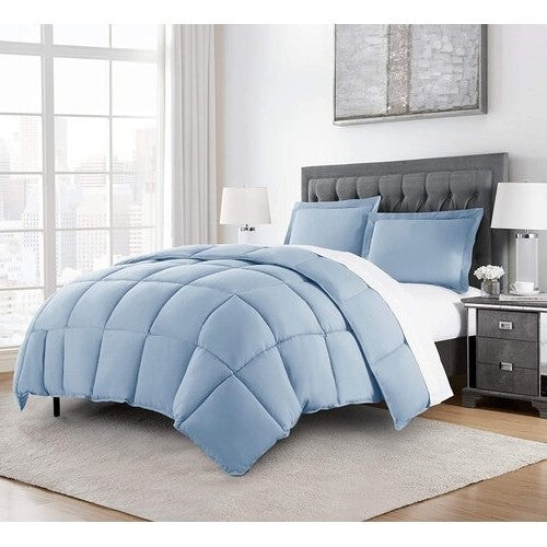 Queen Size Reversible Microfiber Down Alternative Comforter Set in Blue FastFurnishings