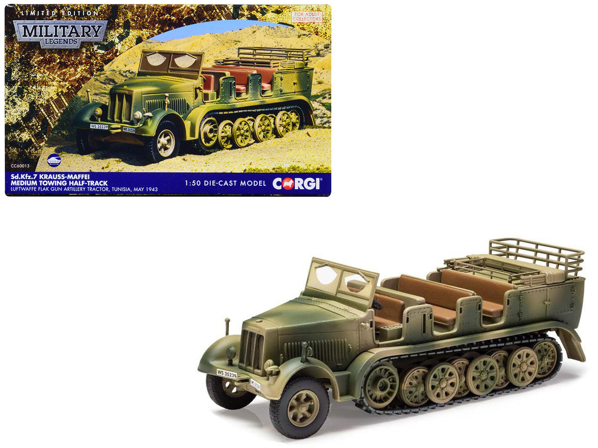 Krauss-Maffei Sd.Kfz.7 Medium Towing Half-Track AFV "Luftwaffe FlaK Gun Artillery Tractor Tunisia" (1943) German Army "Military Legends" Series 1/50 Diecast Model by Corgi Corgi
