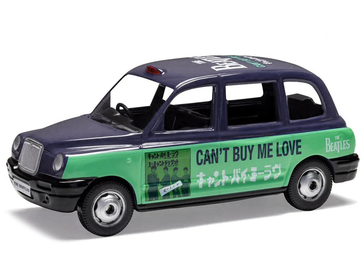 The Beatles London Taxi RHD (Right Hand Drive) "Can't Buy Me Love" Blue and Green with Graphics Diecast Model by Corgi-1