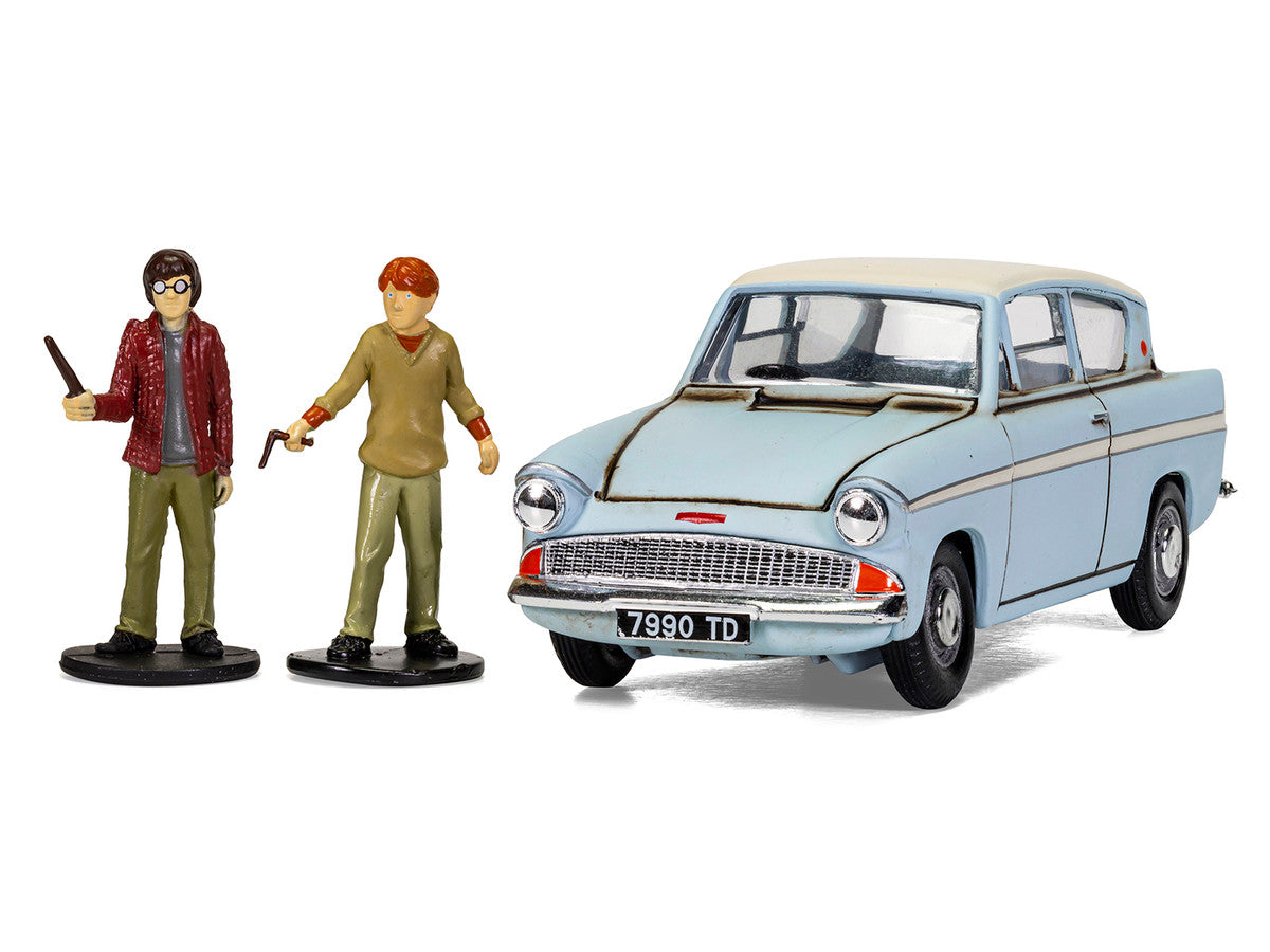 Flying Ford Anglia RHD (Right Hand Drive) Light Blue with White Top (Weathered) with Harry and Ron Figures "Harry Potter" Movie Series Diecast Model by Corgi Corgi