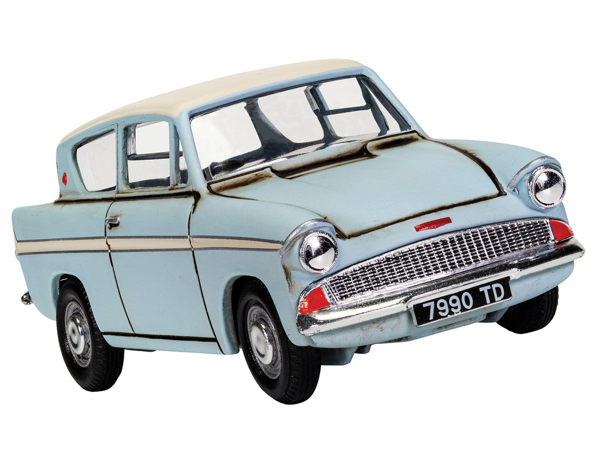 Flying Ford Anglia RHD (Right Hand Drive) Light Blue with White Top (Weathered) with Harry and Ron Figures "Harry Potter" Movie Series Diecast Model by Corgi Corgi