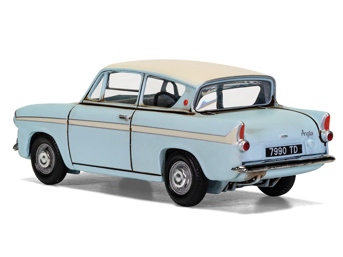 Flying Ford Anglia RHD (Right Hand Drive) Light Blue with White Top (Weathered) with Harry and Ron Figures "Harry Potter" Movie Series Diecast Model by Corgi Corgi