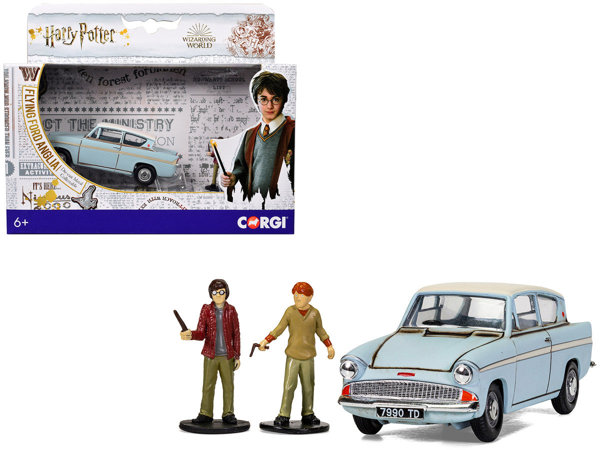 Flying Ford Anglia RHD (Right Hand Drive) Light Blue with White Top (Weathered) with Harry and Ron Figures "Harry Potter" Movie Series Diecast Model by Corgi Corgi