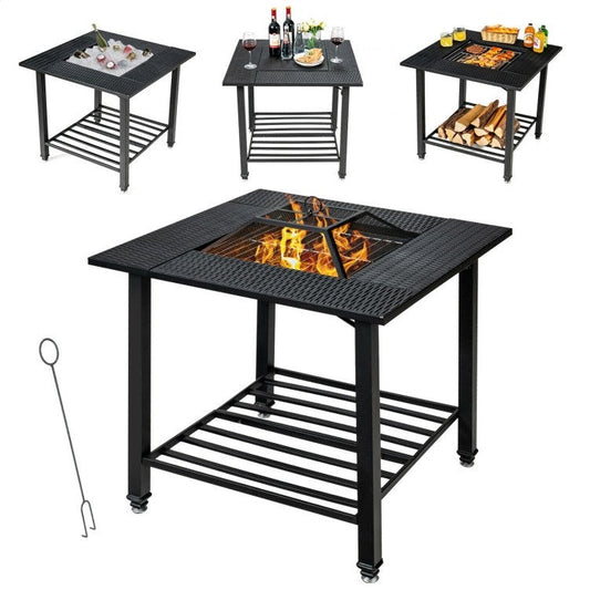 4 in 1 Square Fire Pit, Grill Cooking BBQ Grate, Ice Bucket, Dining Table FastFurnishings