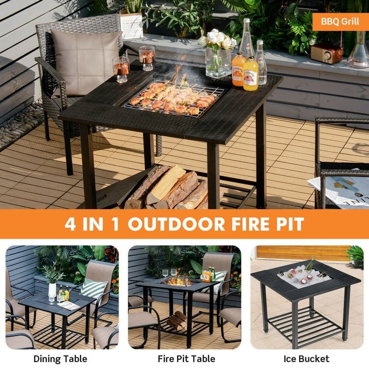 4 in 1 Square Fire Pit, Grill Cooking BBQ Grate, Ice Bucket, Dining Table FastFurnishings