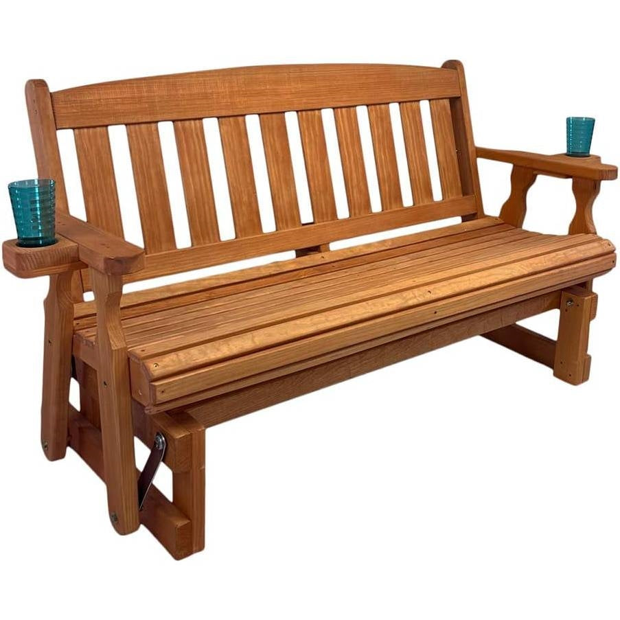 4ft Heavy Duty Porch Glider Bench with Cupholders in Cedar Finish - Made in USA FastFurnishings
