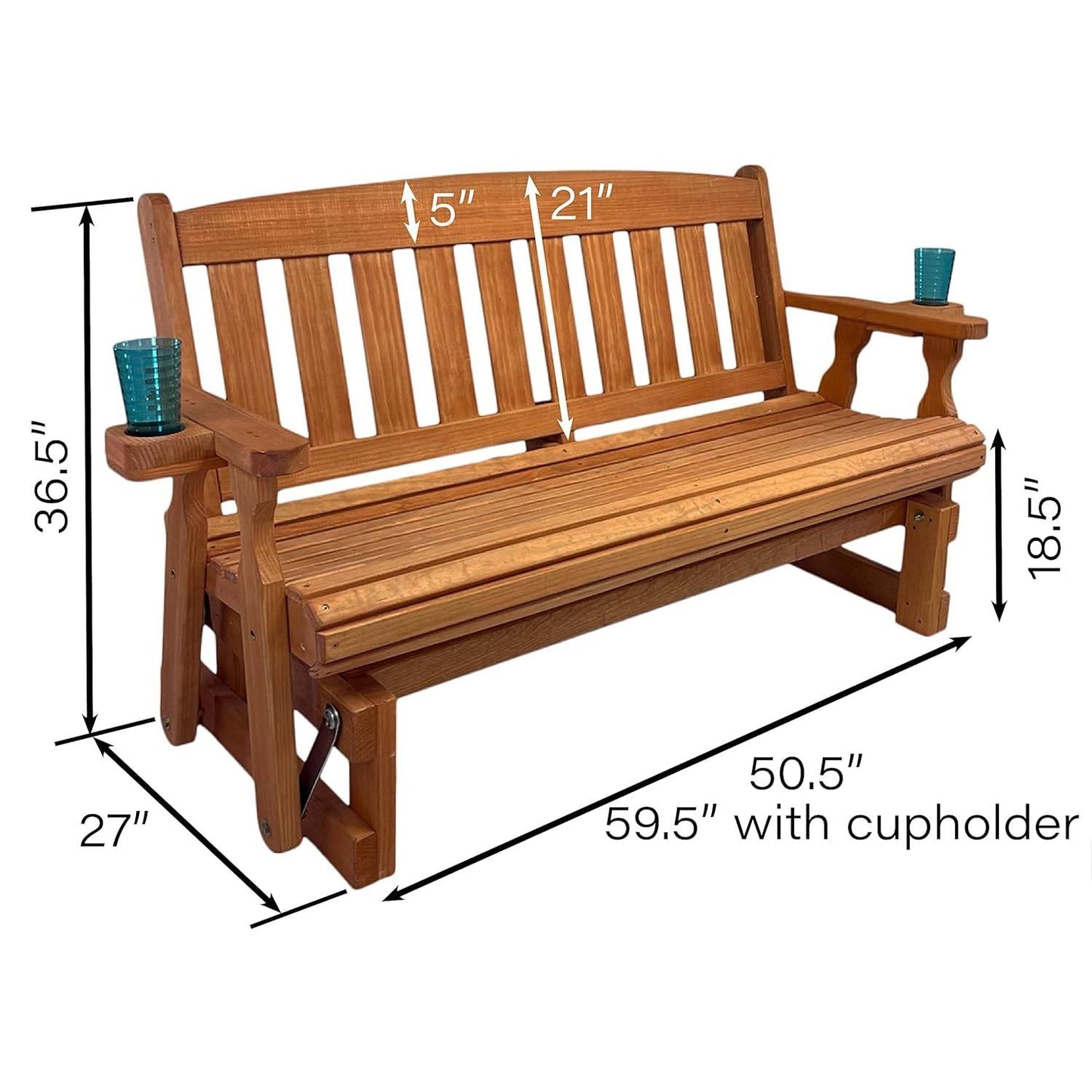 4ft Heavy Duty Porch Glider Bench with Cupholders in Cedar Finish - Made in USA FastFurnishings
