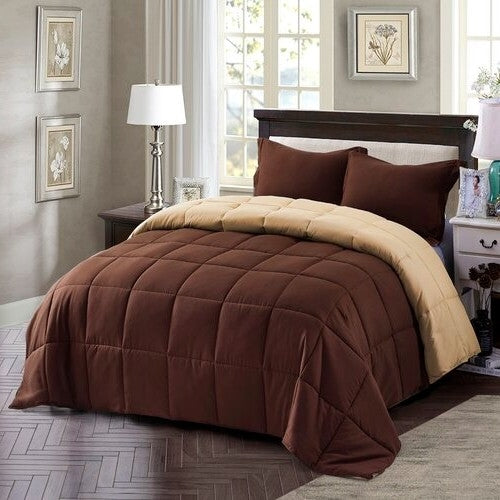 Full/Queen Traditional Microfiber Reversible 3 Piece Comforter Set in Brown-0
