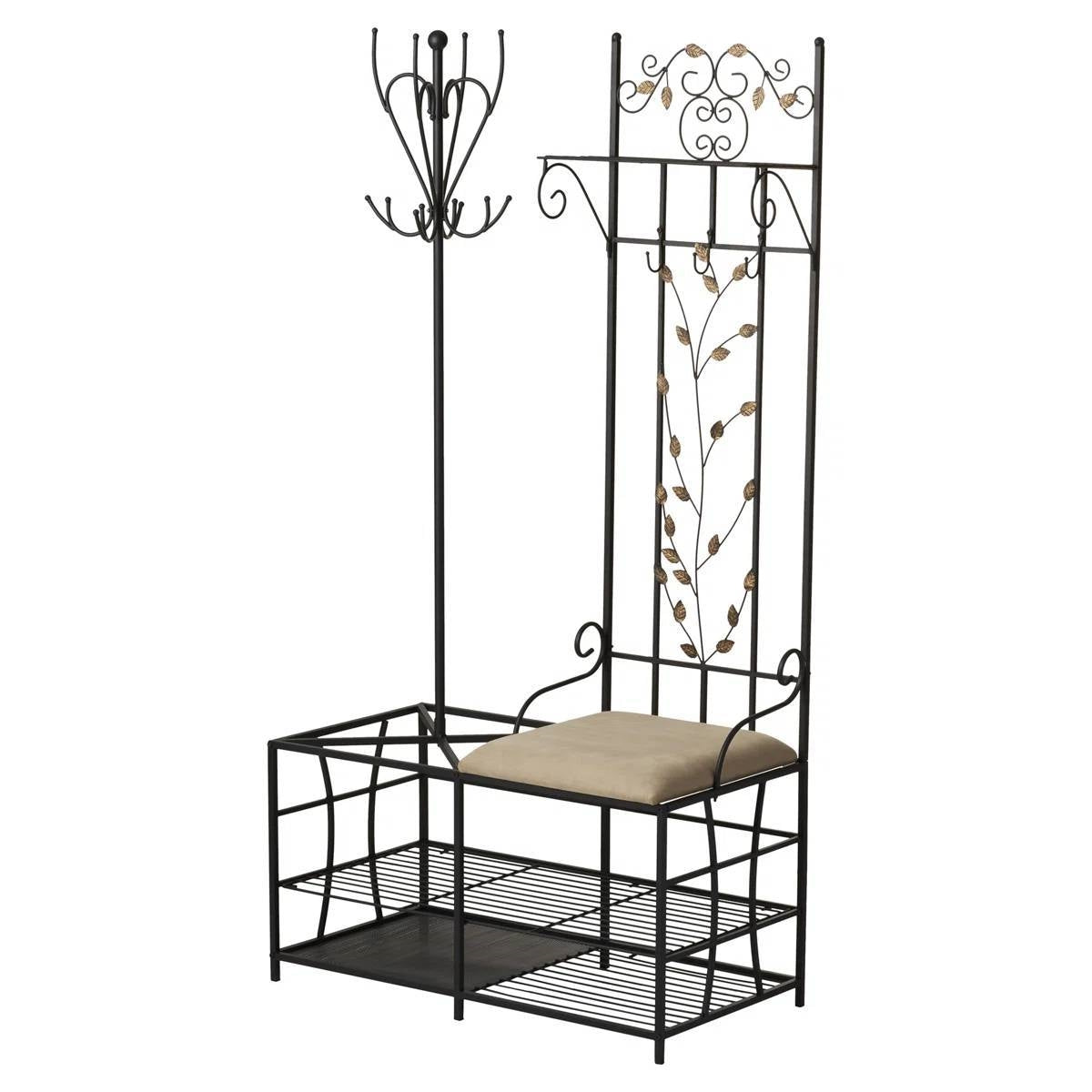 Entryway Hall Tree Coat Rack Storage Bench with Scrolling Leaves Scrollwork FastFurnishings