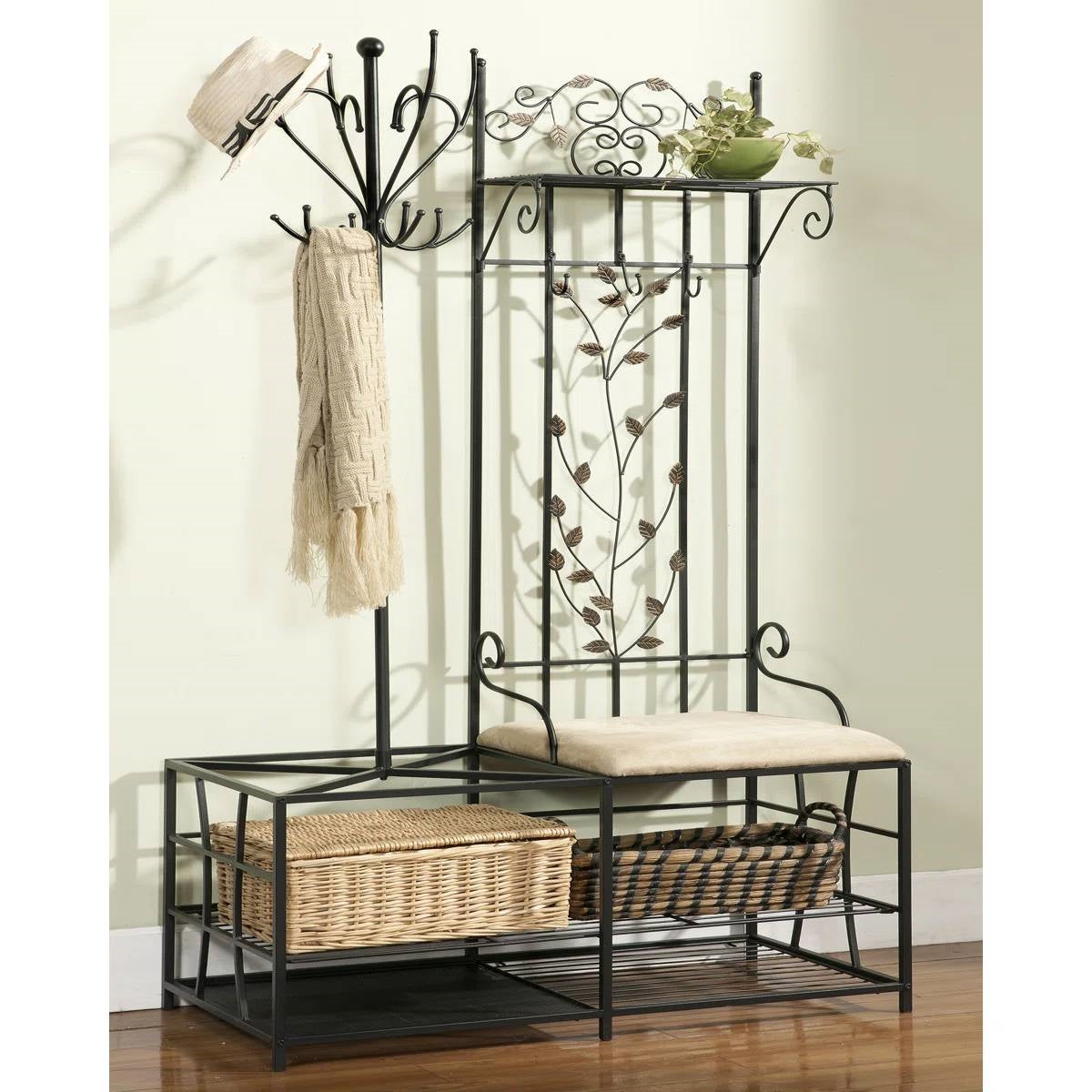 Entryway Hall Tree Coat Rack Storage Bench with Scrolling Leaves Scrollwork FastFurnishings