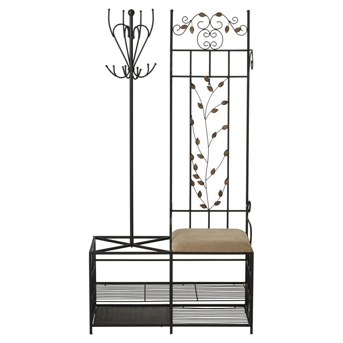 Entryway Hall Tree Coat Rack Storage Bench with Scrolling Leaves Scrollwork FastFurnishings