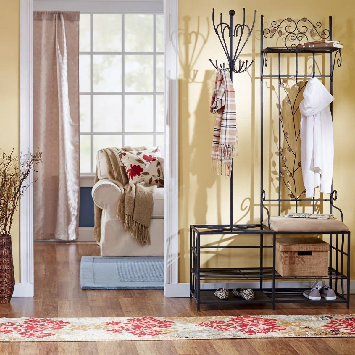 Entryway Hall Tree Coat Rack Storage Bench with Scrolling Leaves Scrollwork FastFurnishings