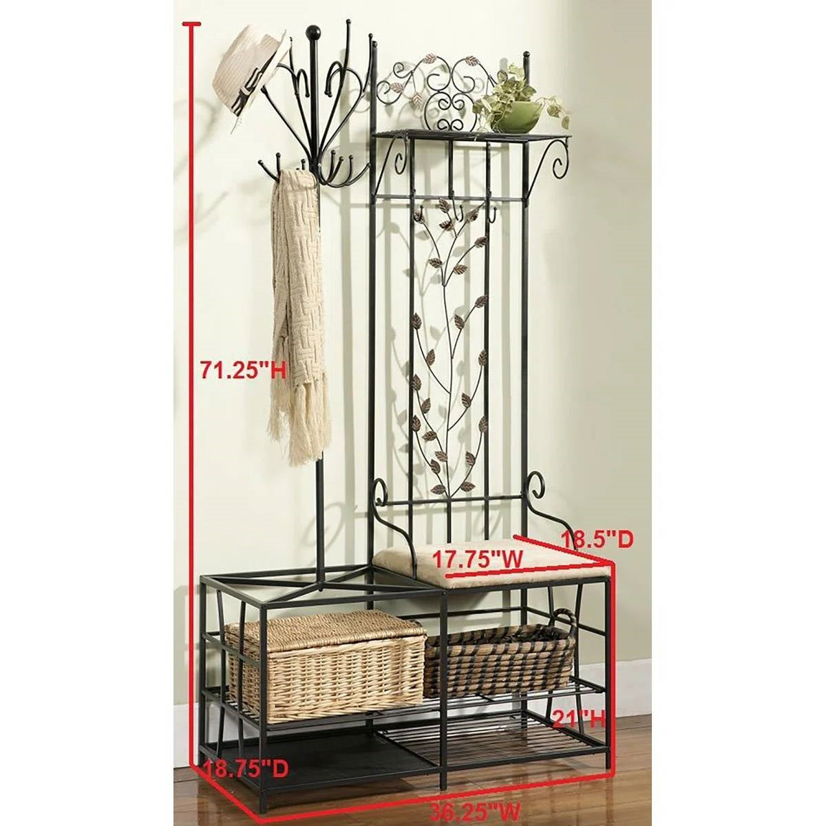 Entryway Hall Tree Coat Rack Storage Bench with Scrolling Leaves Scrollwork FastFurnishings