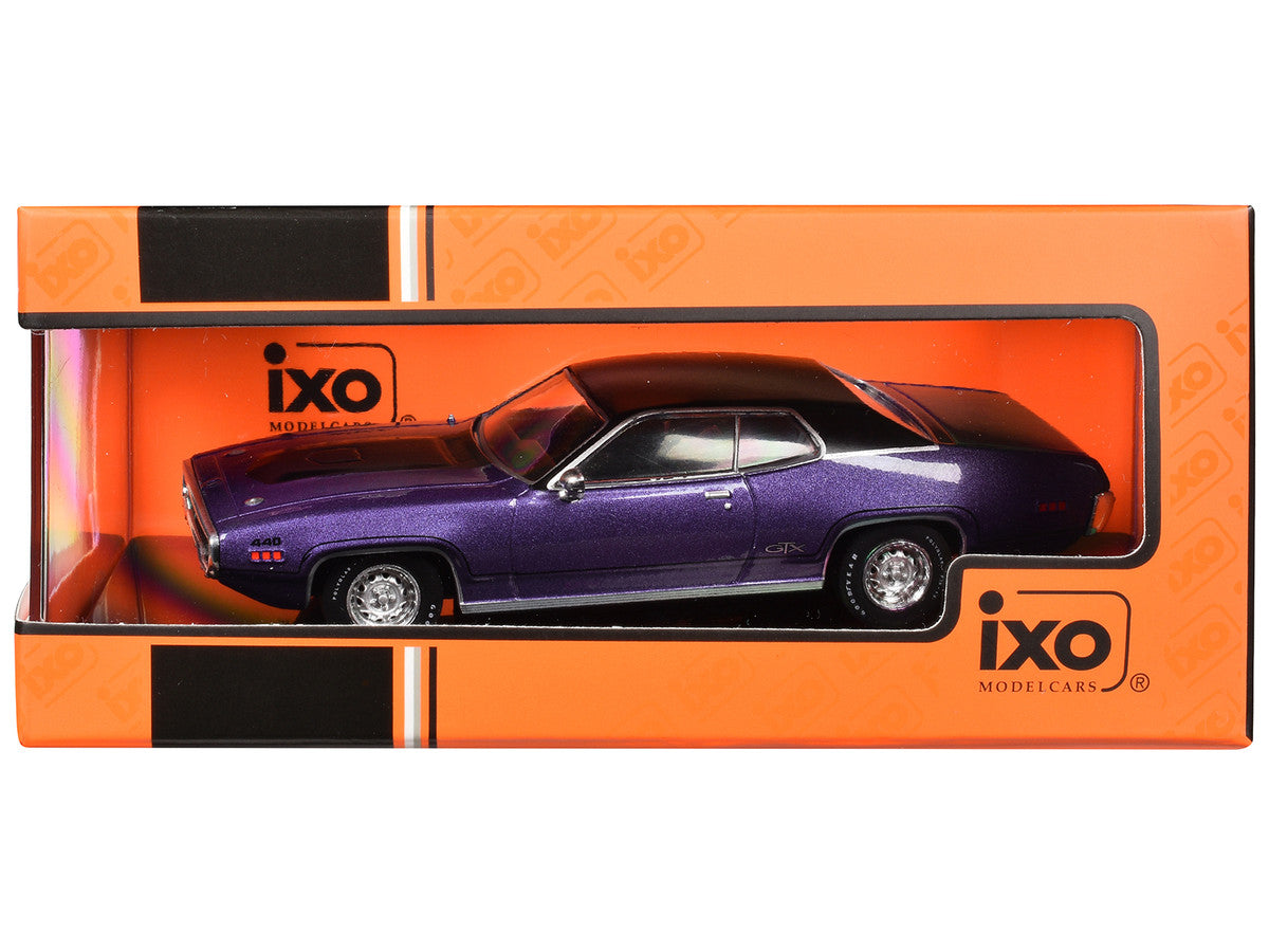 1971 Plymouth GTX Purple Metallic with Black Vinyl Top and Black Hood Stripe 1/43 Diecast Model Car by IXO Models IXO