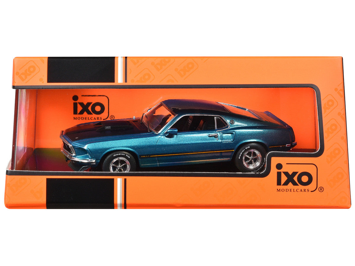 1969 Ford Mustang Mach 1 Blue Metallic with Matt Black Hood and Yellow Stripes 1/43 Diecast Model Car by IXO Models IXO