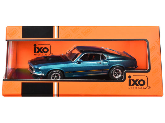 1969 Ford Mustang Mach 1 Blue Metallic with Matt Black Hood and Yellow Stripes 1/43 Diecast Model Car by IXO Models IXO