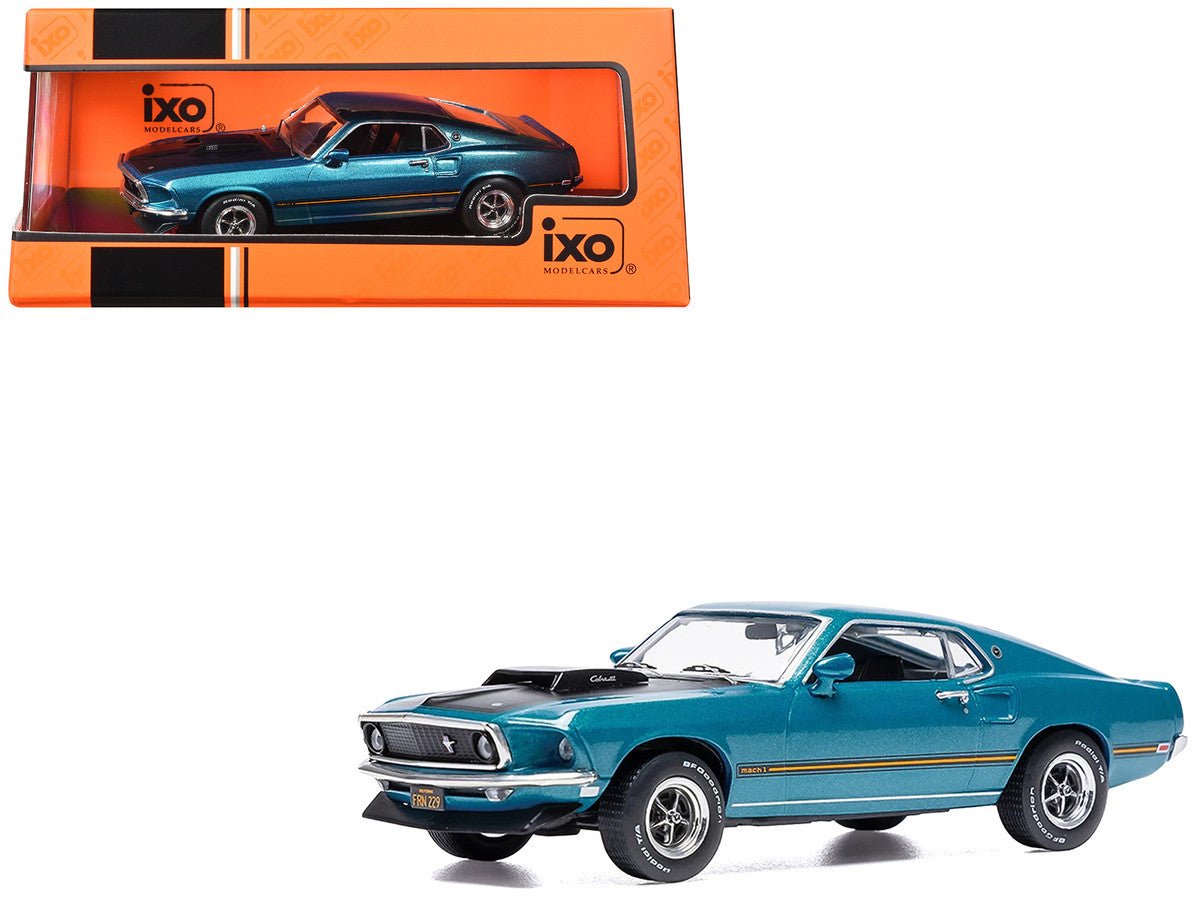 1969 Ford Mustang Mach 1 Blue Metallic with Matt Black Hood and Yellow Stripes 1/43 Diecast Model Car by IXO Models IXO