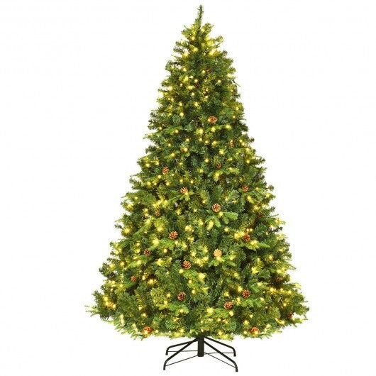 Flocked Artificial Christmas Tree with LED Lights and Pine Cones-8ft