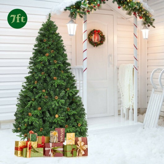 Flocked Artificial Christmas Tree with LED Lights and Pine Cones-8ft