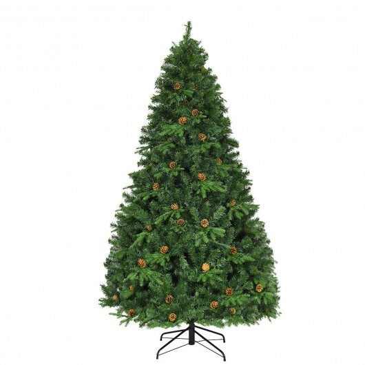 Flocked Artificial Christmas Tree with LED Lights and Pine Cones-8ft