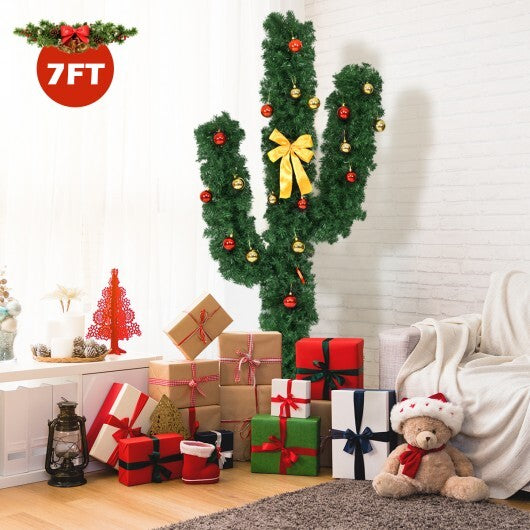 6 Feet Artificial Cactus PVC Christmas Tree with LED Lights and Ball Ornaments-6 ft