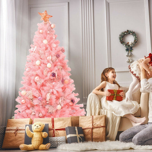 6 Feet Pink Artificial Hinged Spruce Full Christmas Tree with Foldable Metal Stand W2B