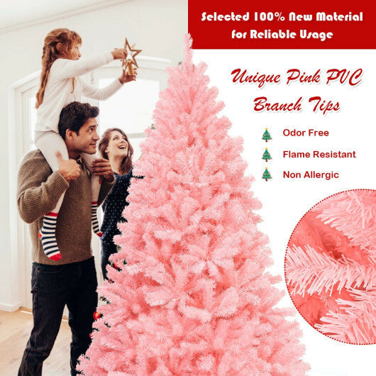 6 Feet Pink Artificial Hinged Spruce Full Christmas Tree with Foldable Metal Stand W2B