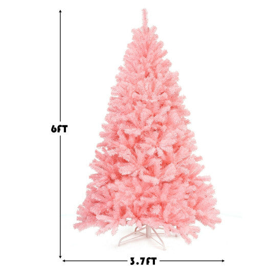 6 Feet Pink Artificial Hinged Spruce Full Christmas Tree with Foldable Metal Stand W2B