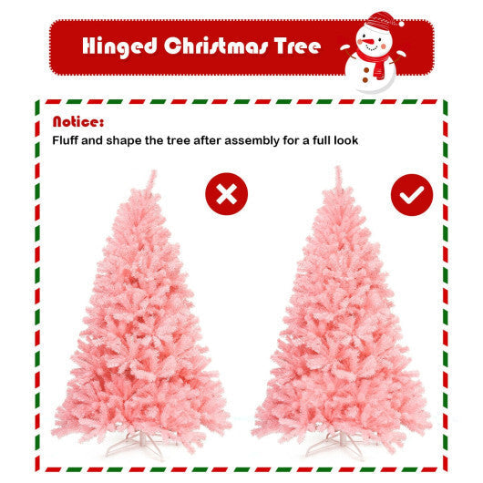 6 Feet Pink Artificial Hinged Spruce Full Christmas Tree with Foldable Metal Stand W2B