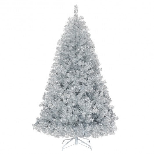 6 Feet Hinged Unlit Artificial Silver Tinsel Christmas Tree with Metal Stand W2B