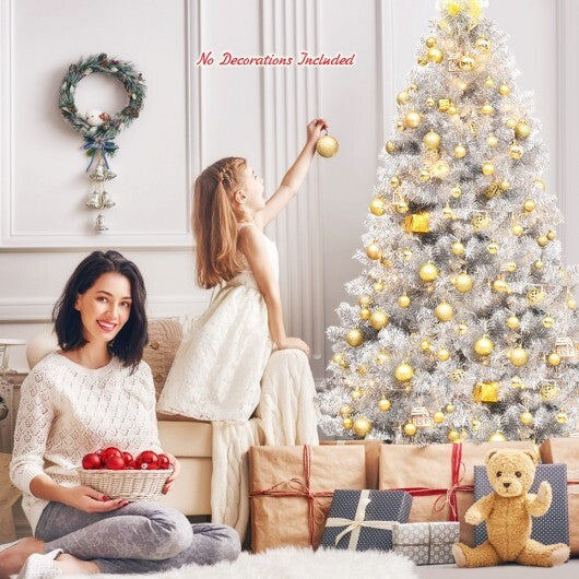 6 Feet Hinged Unlit Artificial Silver Tinsel Christmas Tree with Metal Stand W2B