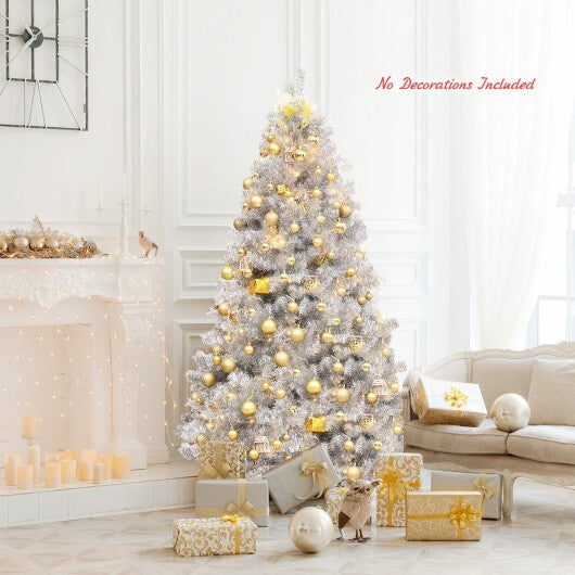 6 Feet Hinged Unlit Artificial Silver Tinsel Christmas Tree with Metal Stand W2B