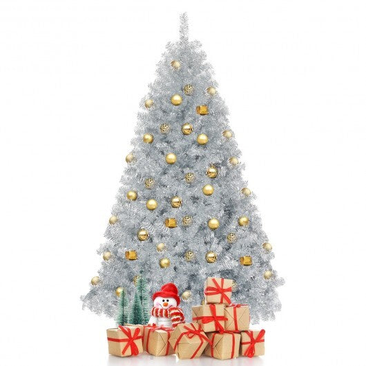 6 Feet Hinged Unlit Artificial Silver Tinsel Christmas Tree with Metal Stand W2B