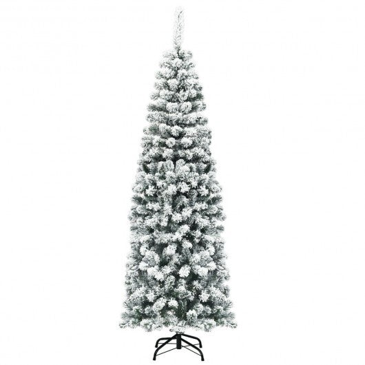 6 Feet Unlit Hinged Snow Flocked Artificial Pencil Christmas Tree with 500 Branch Tip W2B