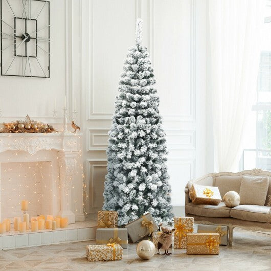 6 Feet Unlit Hinged Snow Flocked Artificial Pencil Christmas Tree with 500 Branch Tip W2B