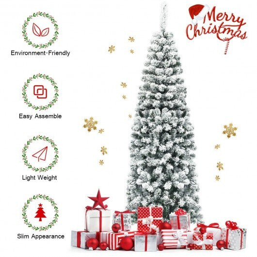 6 Feet Unlit Hinged Snow Flocked Artificial Pencil Christmas Tree with 500 Branch Tip W2B