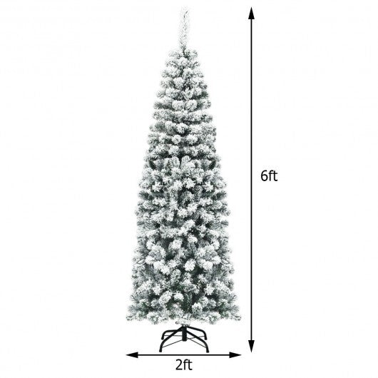 6 Feet Unlit Hinged Snow Flocked Artificial Pencil Christmas Tree with 500 Branch Tip W2B