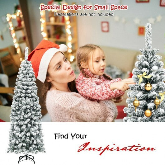 6 Feet Unlit Hinged Snow Flocked Artificial Pencil Christmas Tree with 500 Branch Tip W2B