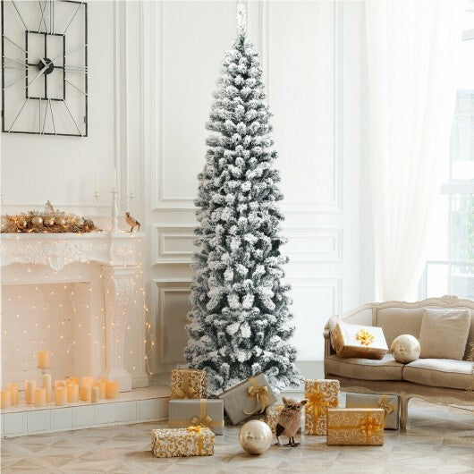 7.5 Feet Unlit Hinged Snow Flocked Artificial Pencil Christmas Tree with 641 Tips W2B