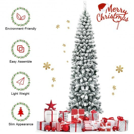 7.5 Feet Unlit Hinged Snow Flocked Artificial Pencil Christmas Tree with 641 Tips W2B