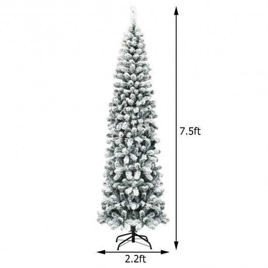 7.5 Feet Unlit Hinged Snow Flocked Artificial Pencil Christmas Tree with 641 Tips W2B