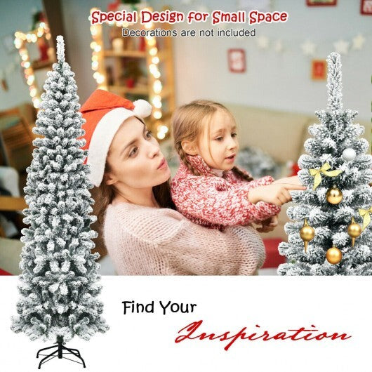 7.5 Feet Unlit Hinged Snow Flocked Artificial Pencil Christmas Tree with 641 Tips W2B